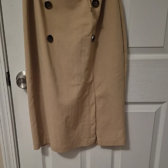 New York & Company Tan Off the Shoulder Ruffle Sleeve Trench-Style Midi Dress - Picture 3 of 8